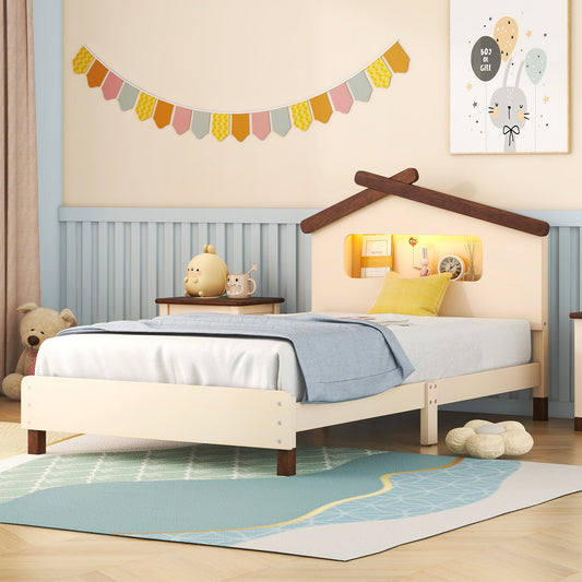 Wood Platform Bed with House-shaped Headboard and Motion Activated Night Lights, Cream+Walnut