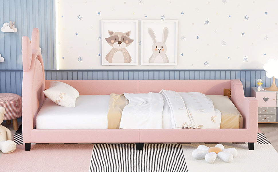 upholstered daybed with carton ears shaped headboard, pink