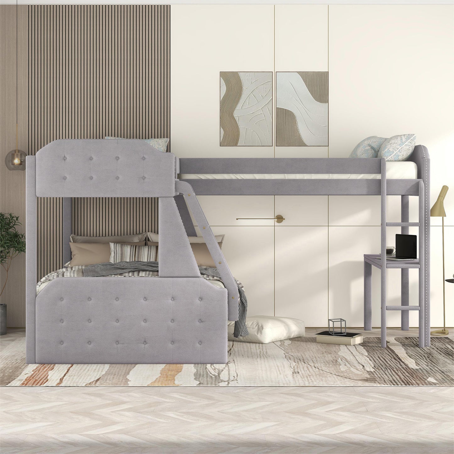 l-shaped twin over full bunk bed and twin sie loft bed with desk