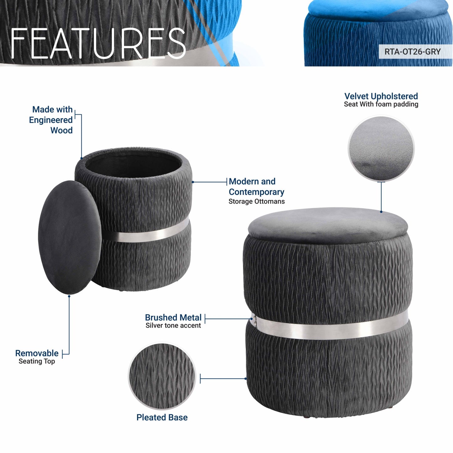 techni mobili storage ottoman; grey