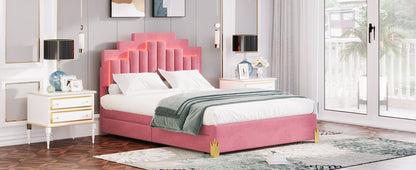 Irregular Upholstered Platform Bed with LED Lights and 4 Drawers, Pink