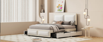 Teddy Upholstered Platform Bed with Large Rivet-decorated Backrests and 4 Drawers, Velvet Beige+White