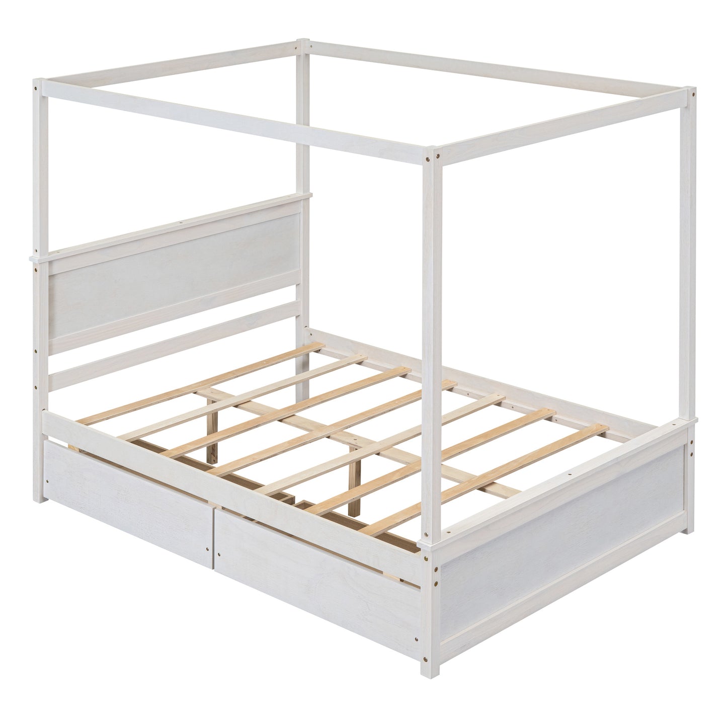 wood canopy bed with two drawers, white