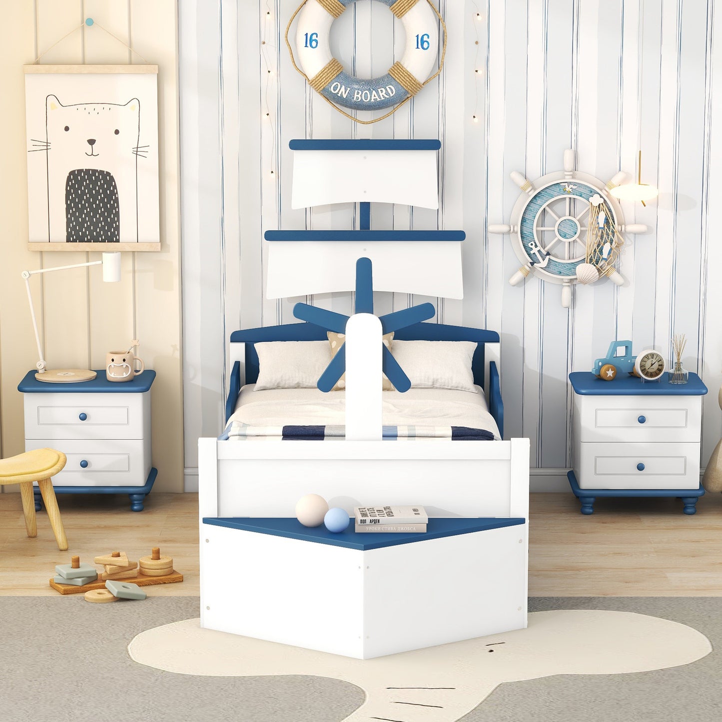 3-pieces boat-shaped platform bed with trundle and two nightstands, white+blue