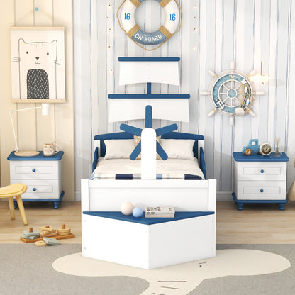 3-Pieces Boat-Shaped Platform Bed with Trundle and Two Nightstands, White+Blue