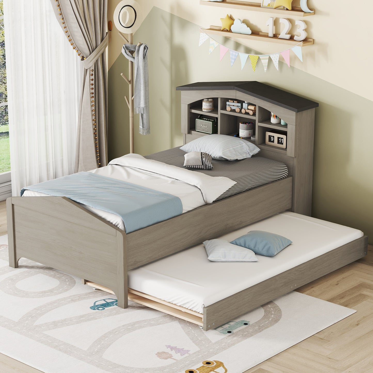 house-shaped bed with storage headboard and trundle, gray