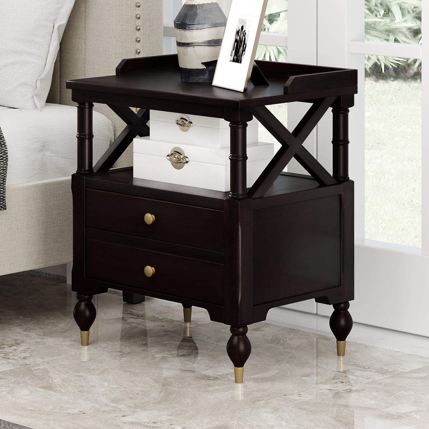 3 pieces bedroom set modern linen curved upholstered beige platform queen bed with two black cherry nightstands