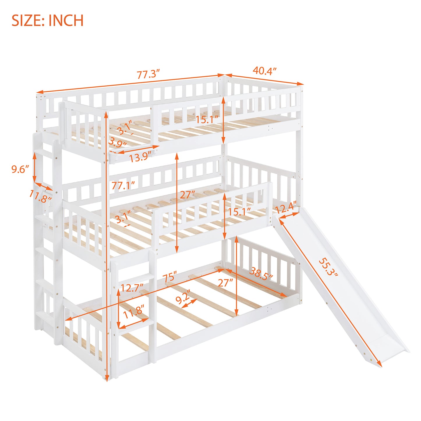 twin-over-twin-over-twin triple bed with built-in ladder and slide