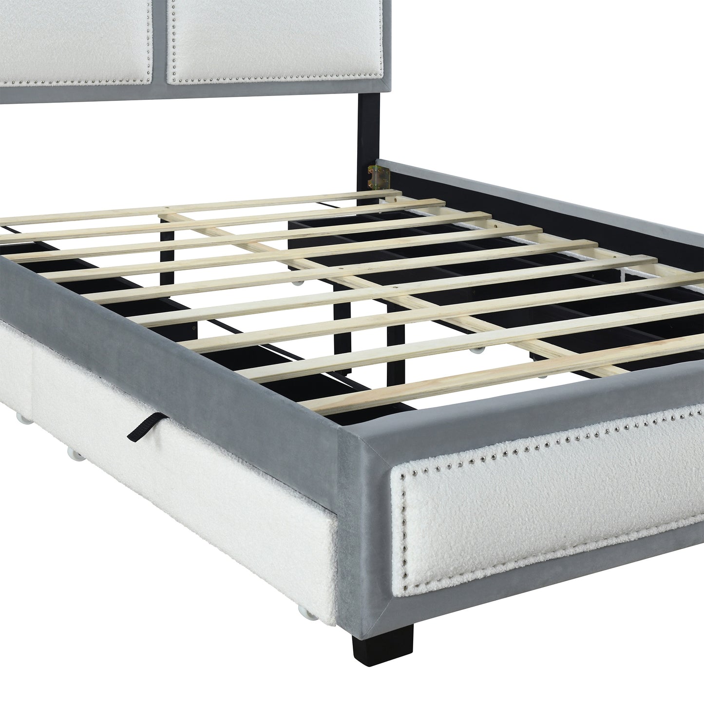 teddy upholstered platform bed with large rivet-decorated backrests and 4 drawers, velvet gray+white