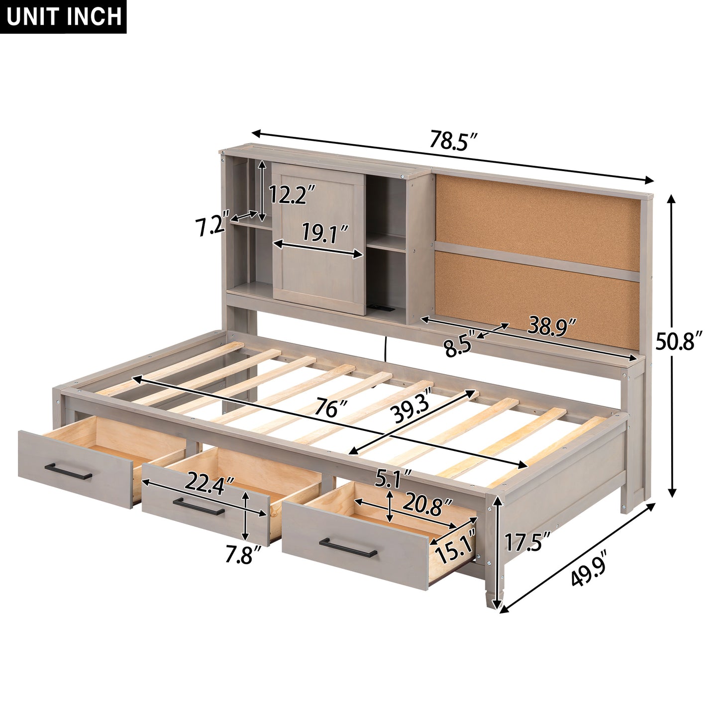 twin size lounge daybed with storage shelves, cork board, usb ports and 3 drawers, antique gray