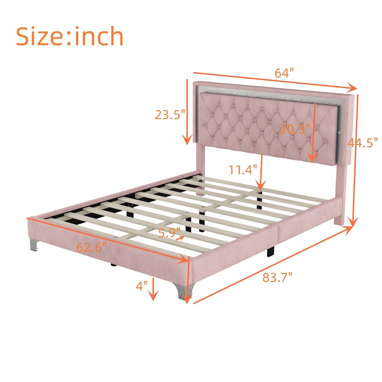 upholstered velvet bed frame with led lights, pink