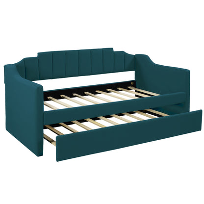 Upholstered Twin Bed with Trundle, Green