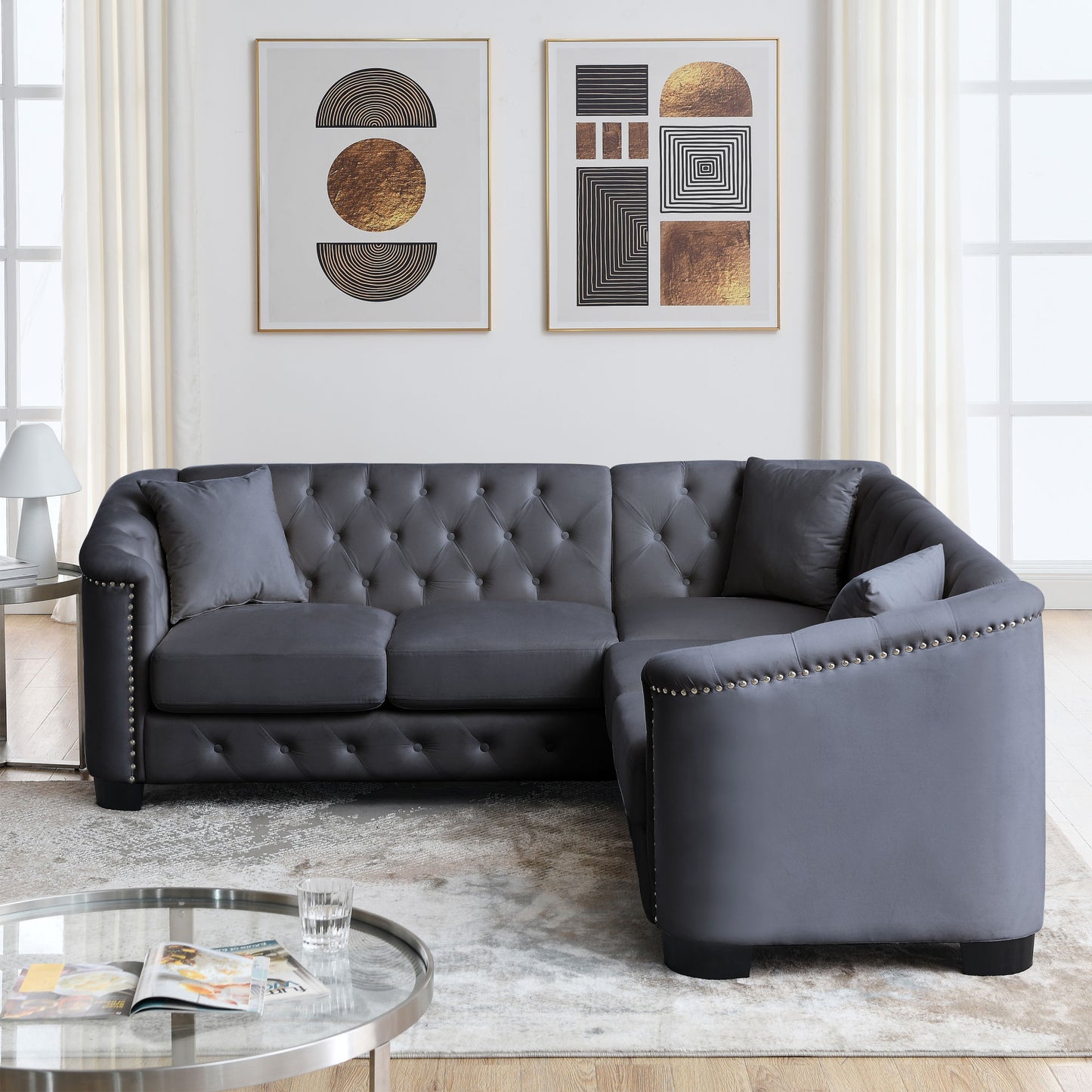 riri modern chesterfield velvet sofa, grey