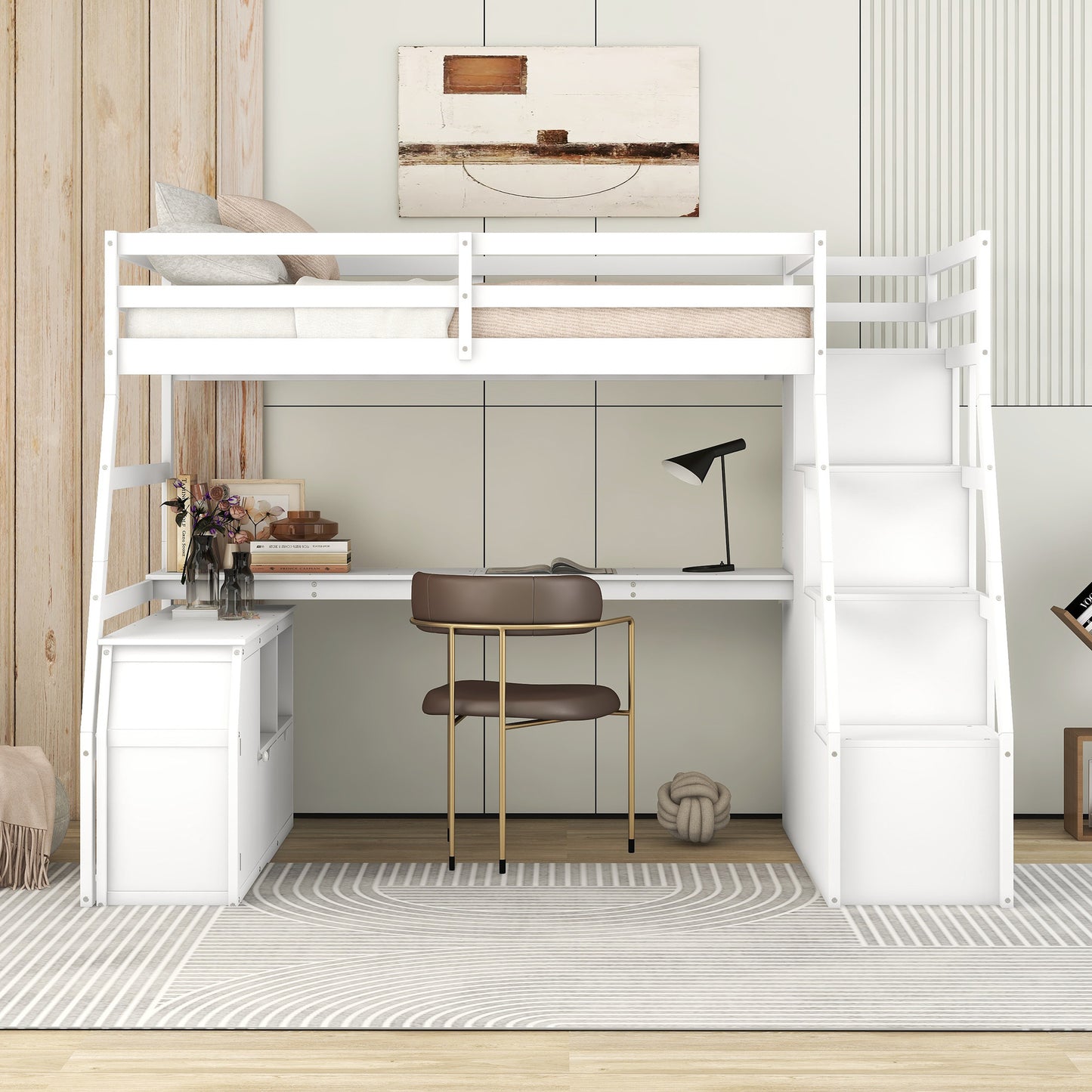 twin size loft bed with 7 drawers 2 shelves and desk - white