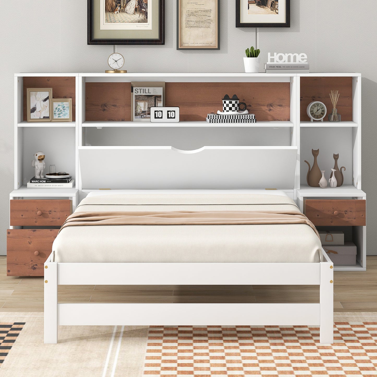 twin size platform bed with storage headboard and drawers, white