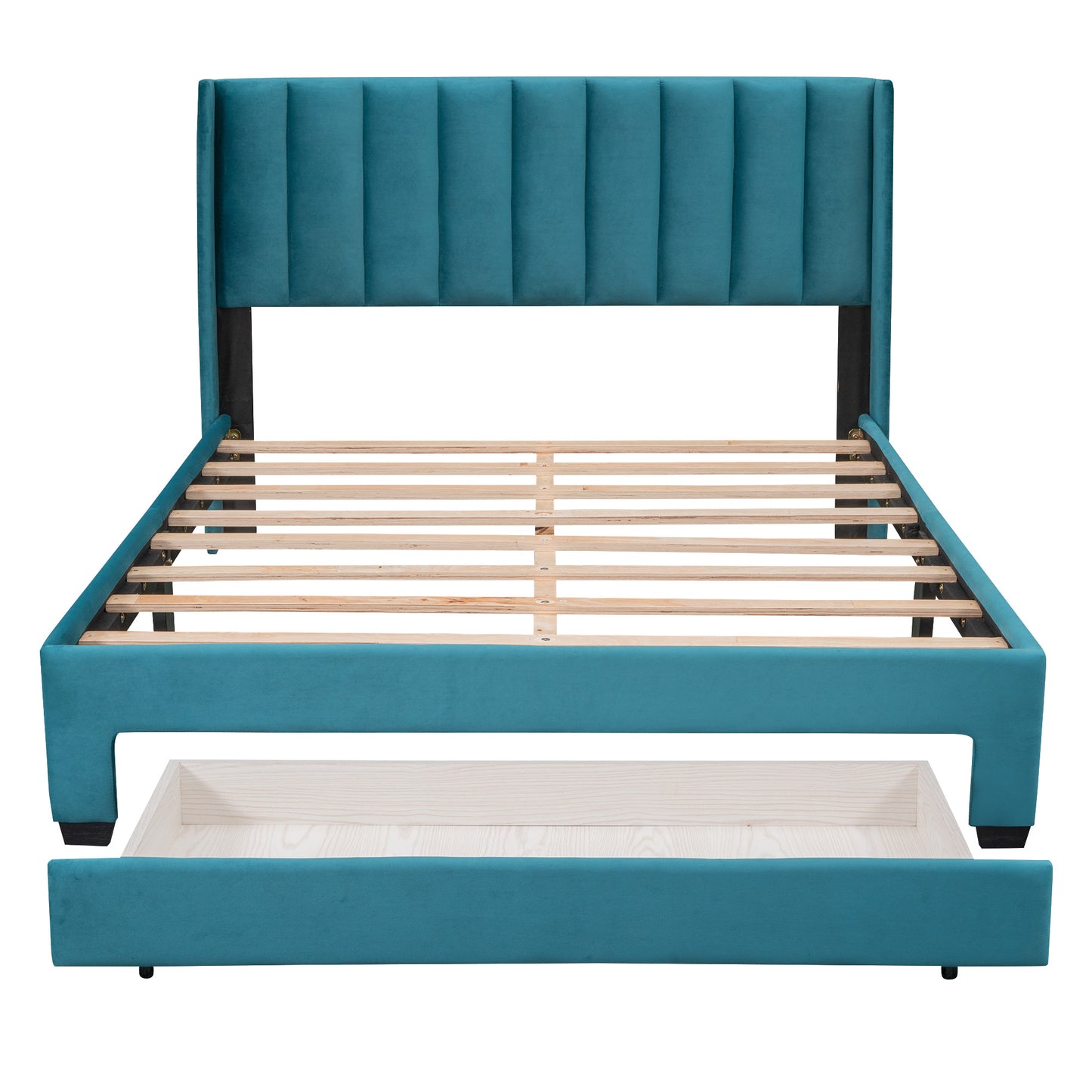 queen size storage bed velvet upholstered platform bed with a big drawer - beige