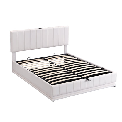 Upholstered Bed with Hydraulic Storage System and LED Light, Sockets, and USB Ports, White