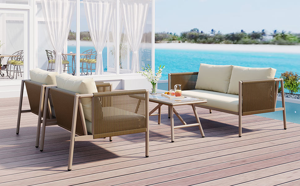 go 4-piece rope sofa set with thick cushions , beige