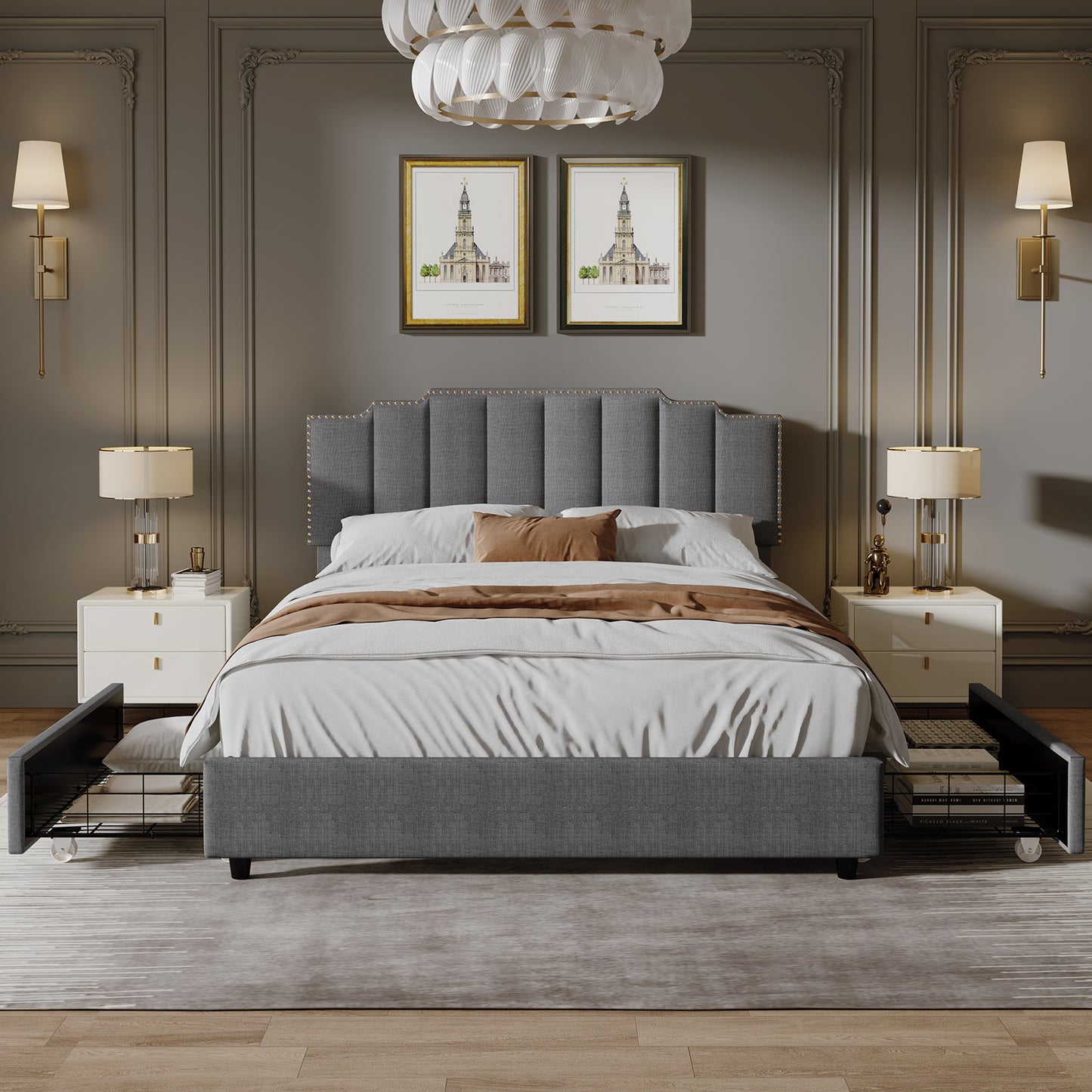 judy upholstered platform bed frame with 2 drawers