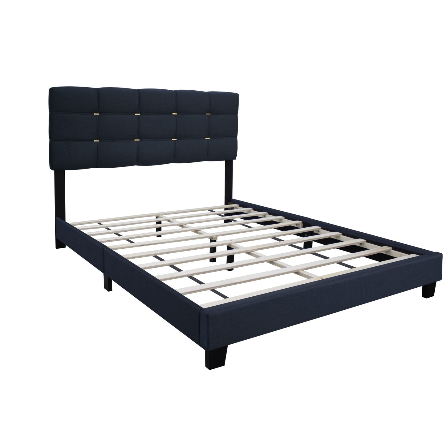 elegant upholstered bed frame with gold accents on headboard