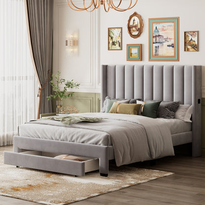 Velvet Upholstered Platform Bed with a Big Drawer