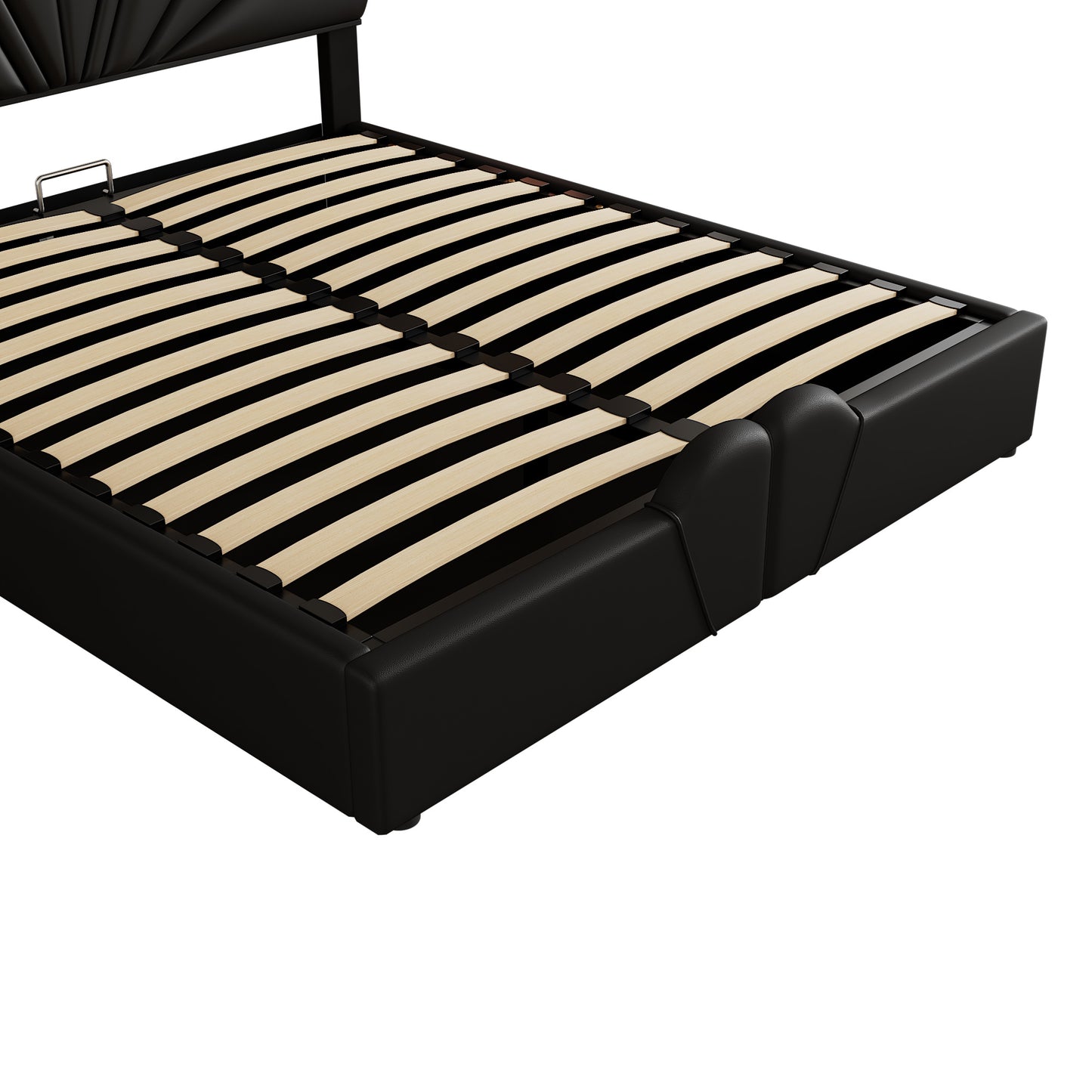 upholstered petal shaped platform bed with hydraulic storage system, pu storage bed, black