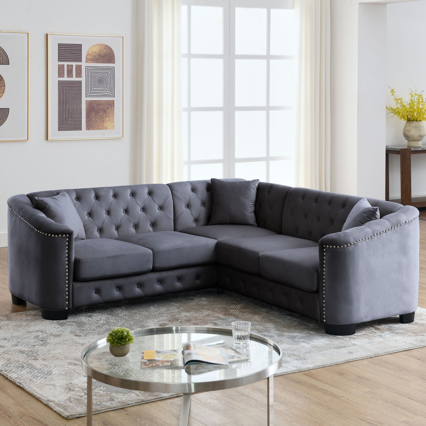 riri modern chesterfield velvet sofa, grey