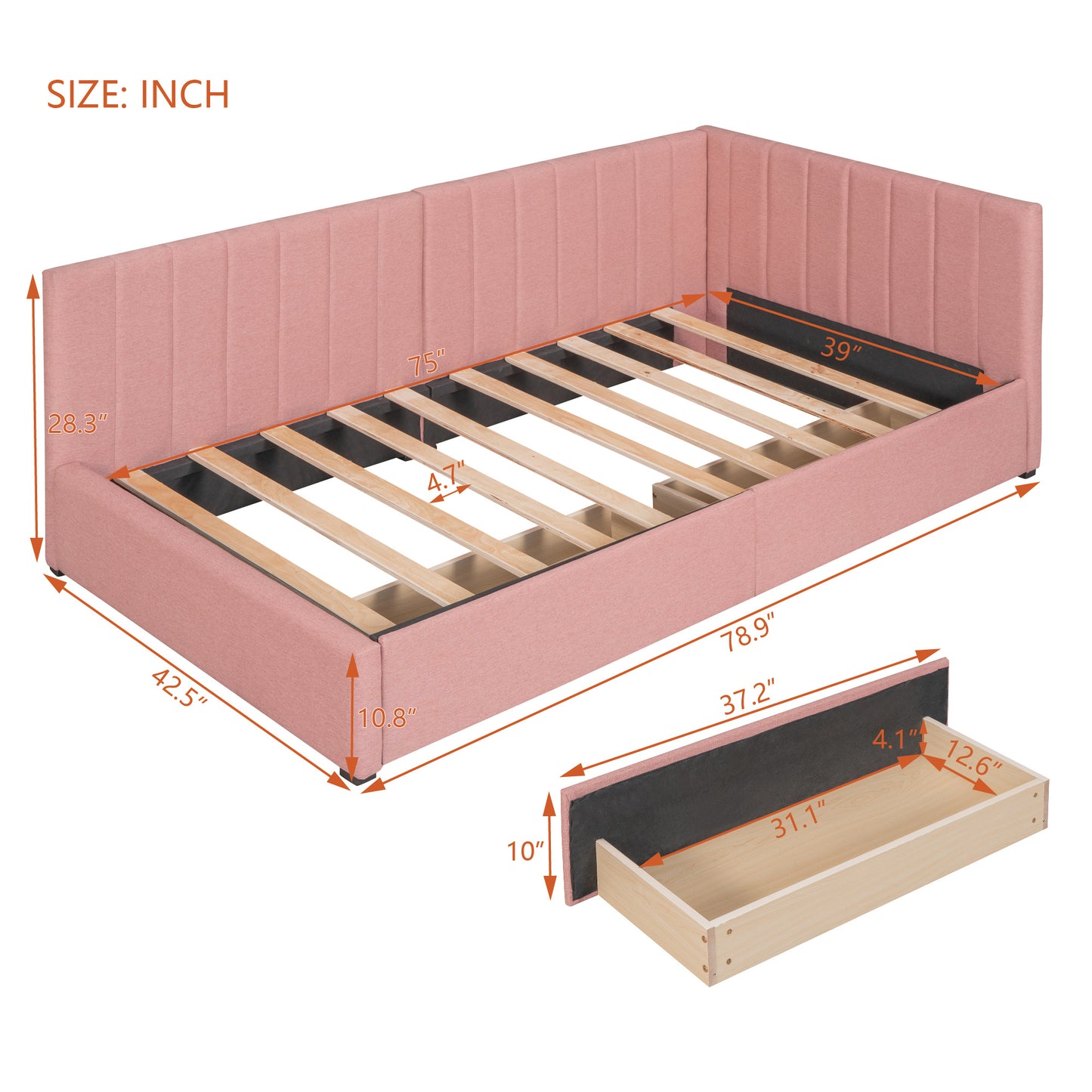 upholstered bed with 2 storage drawers, pink