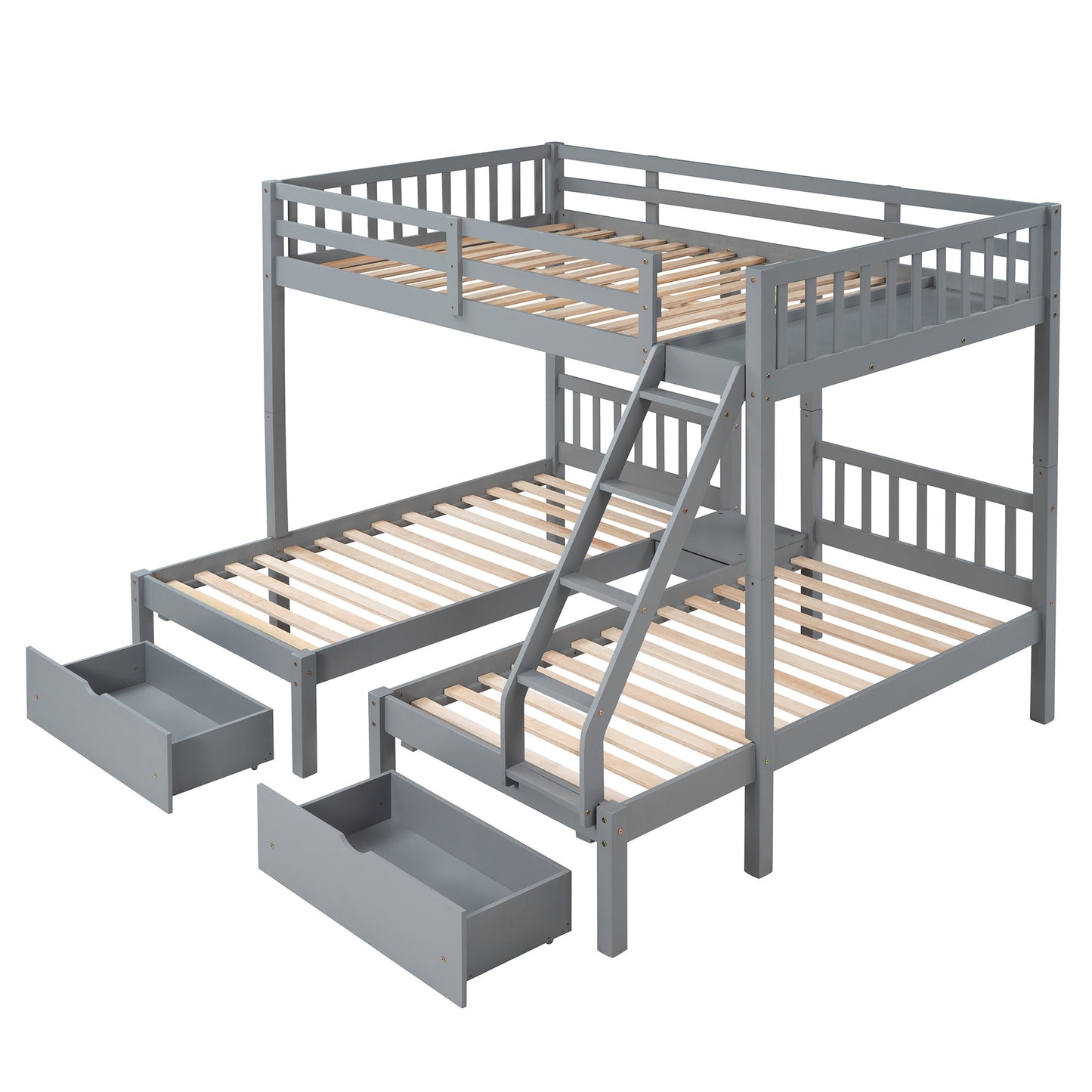 triple bunk bed with drawers and guardrails, gray