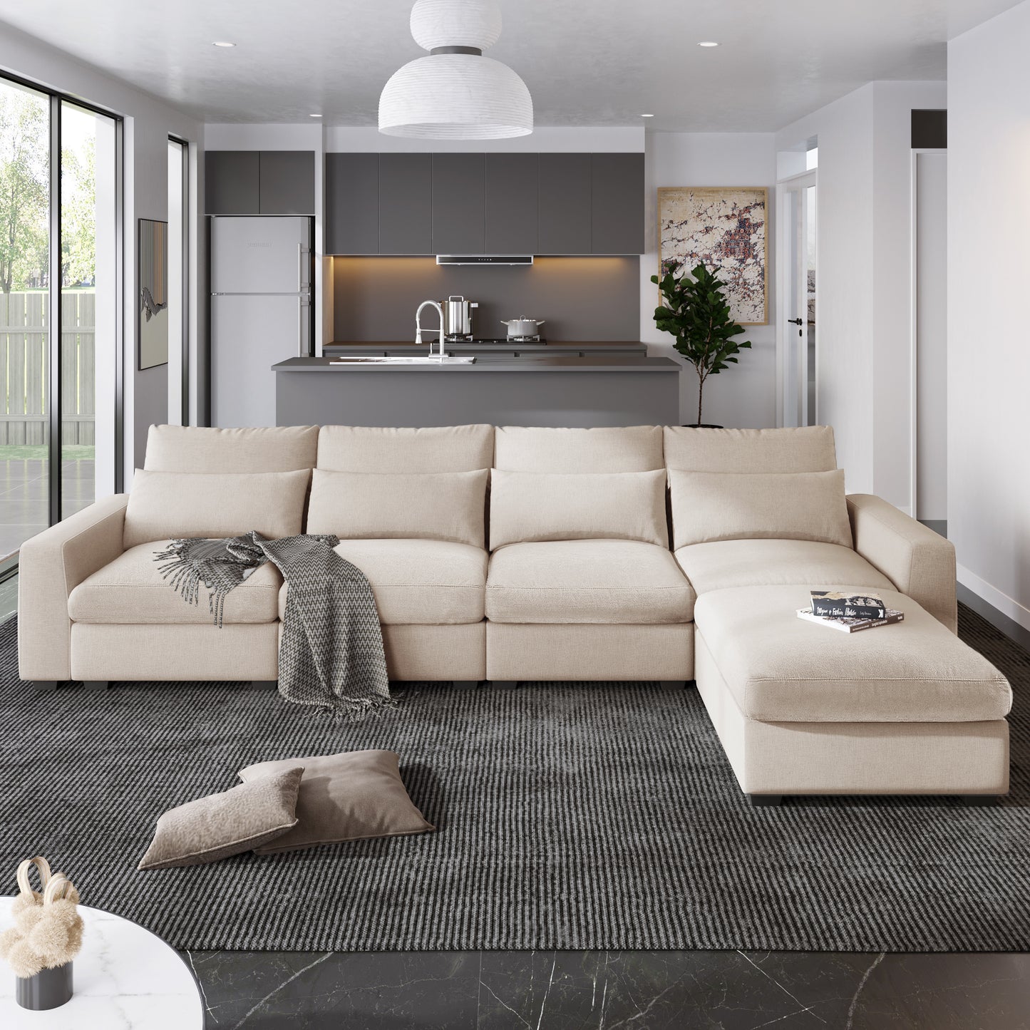 ustyle modern large l-shape feather filled sectional set, cream