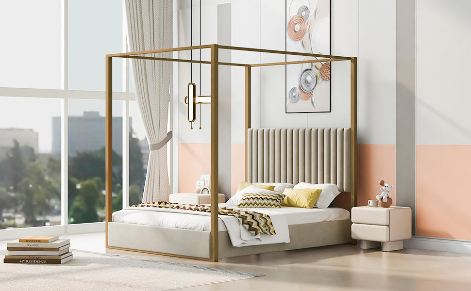 queen size upholstery canopy platform bed with headboard and metal frame, beige