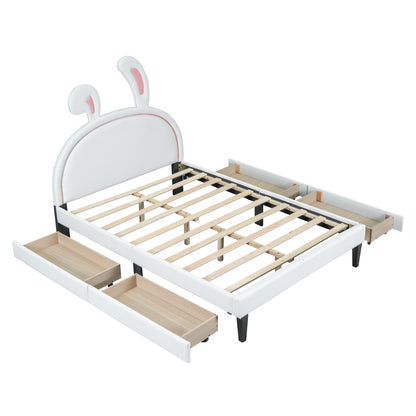 Upholstered Leather  Bed with Rabbit Ornament and 4 Drawers, White