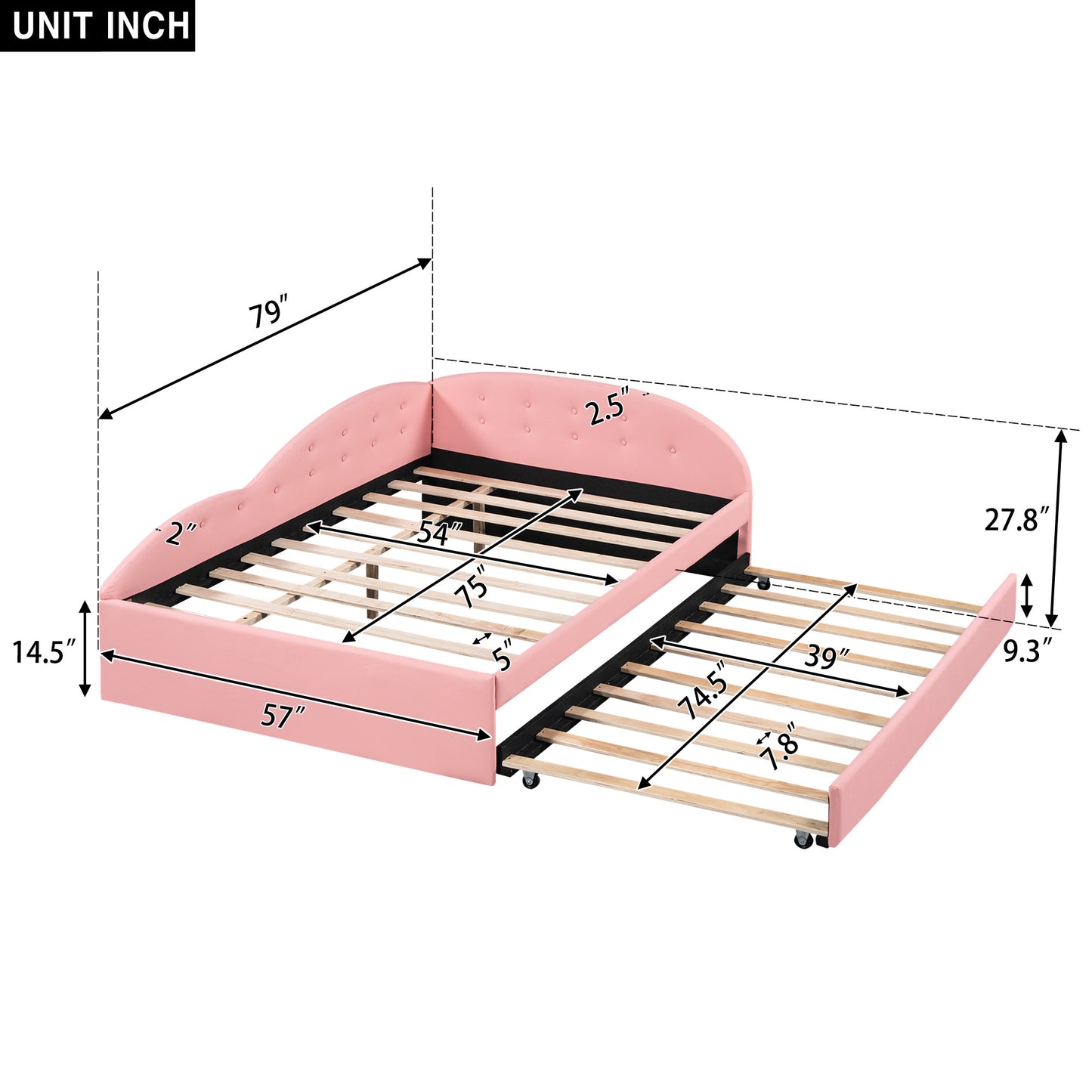 pu upholstered tufted daybed with trundle and cloud shaped guardrail, pink