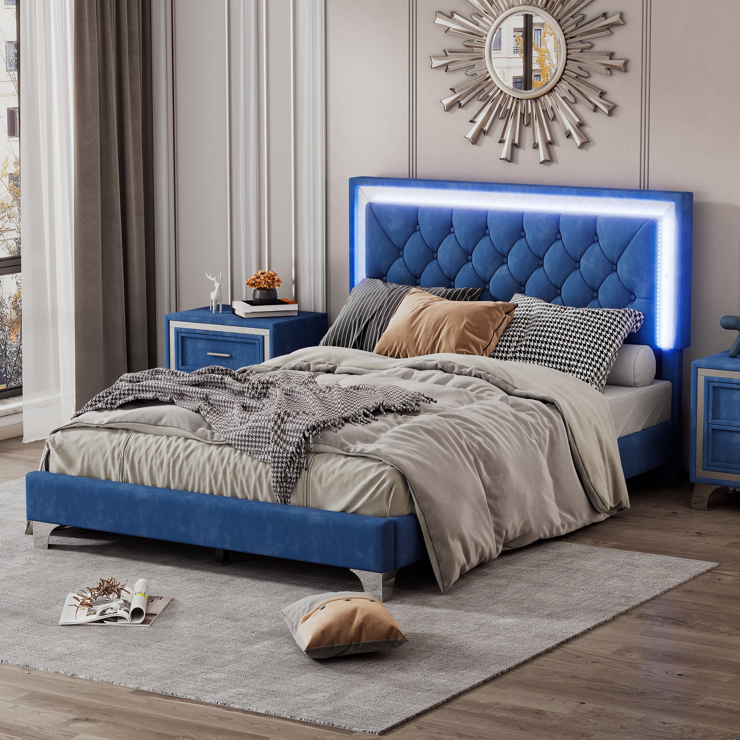upholstered bed frame with led lights, blue