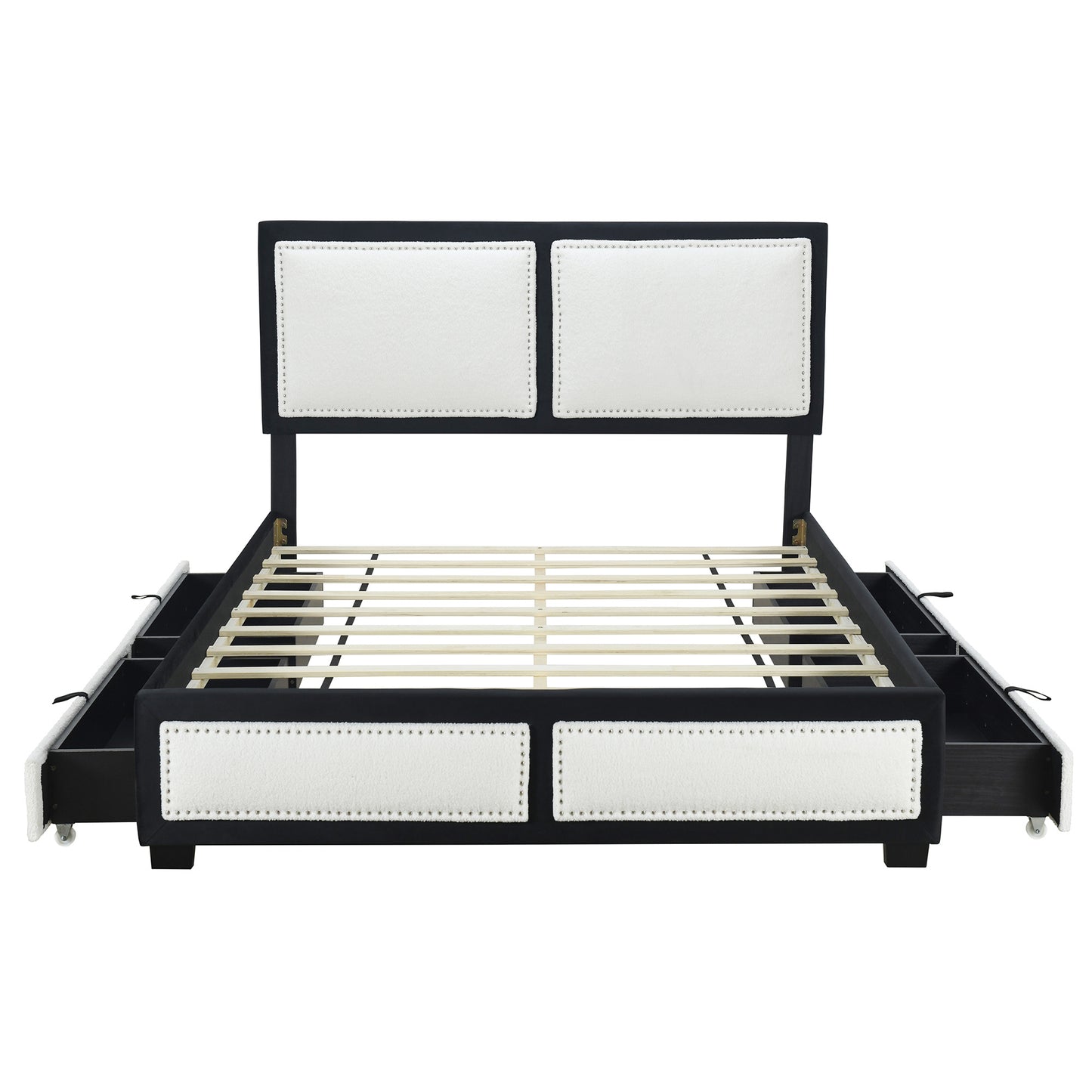 teddy upholstered platform bed with large rivet-decorated backrests and 4 drawers, velvet black+white