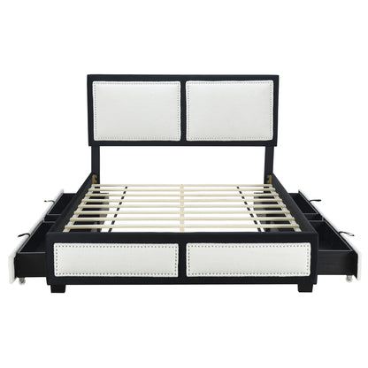 Teddy Upholstered Platform Bed with Large Rivet-decorated Backrests and 4 Drawers, Velvet Black+White
