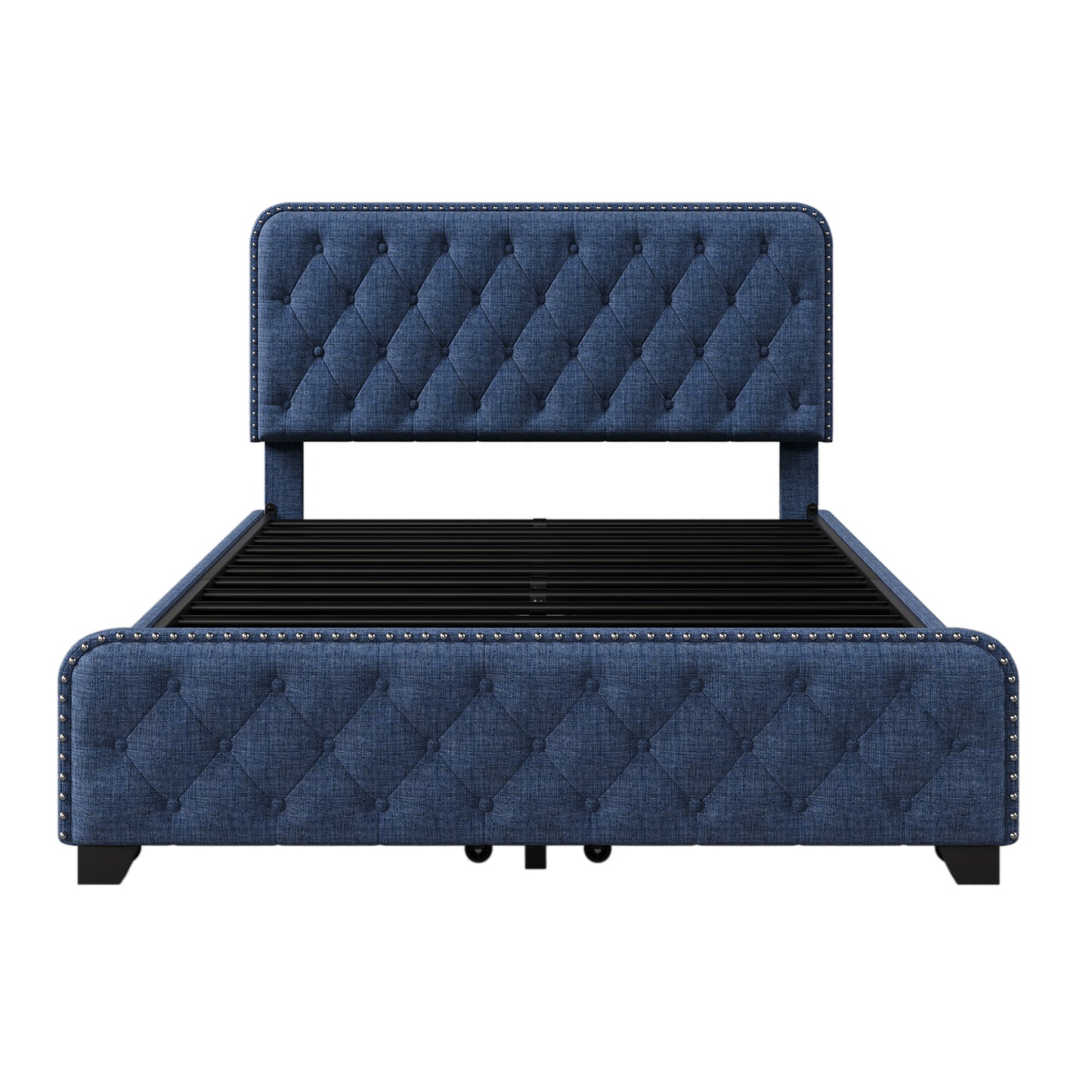 upholstered platform bed frame with four drawers, blue