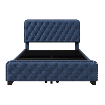 Upholstered Platform Bed Frame with Four Drawers, Blue