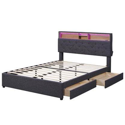 Upholstered Bed with Storage Headboard, LED, USB Charging and 2 Drawers