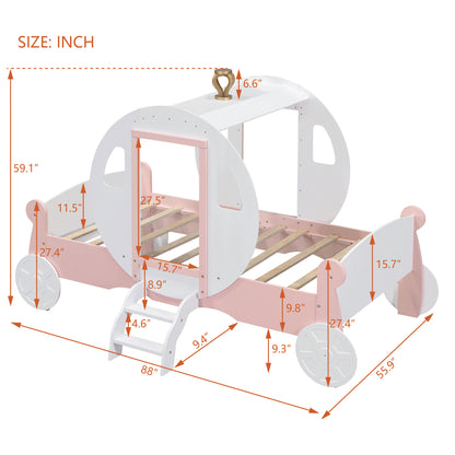 Princess Carriage Bed with Crown ,White+Pink