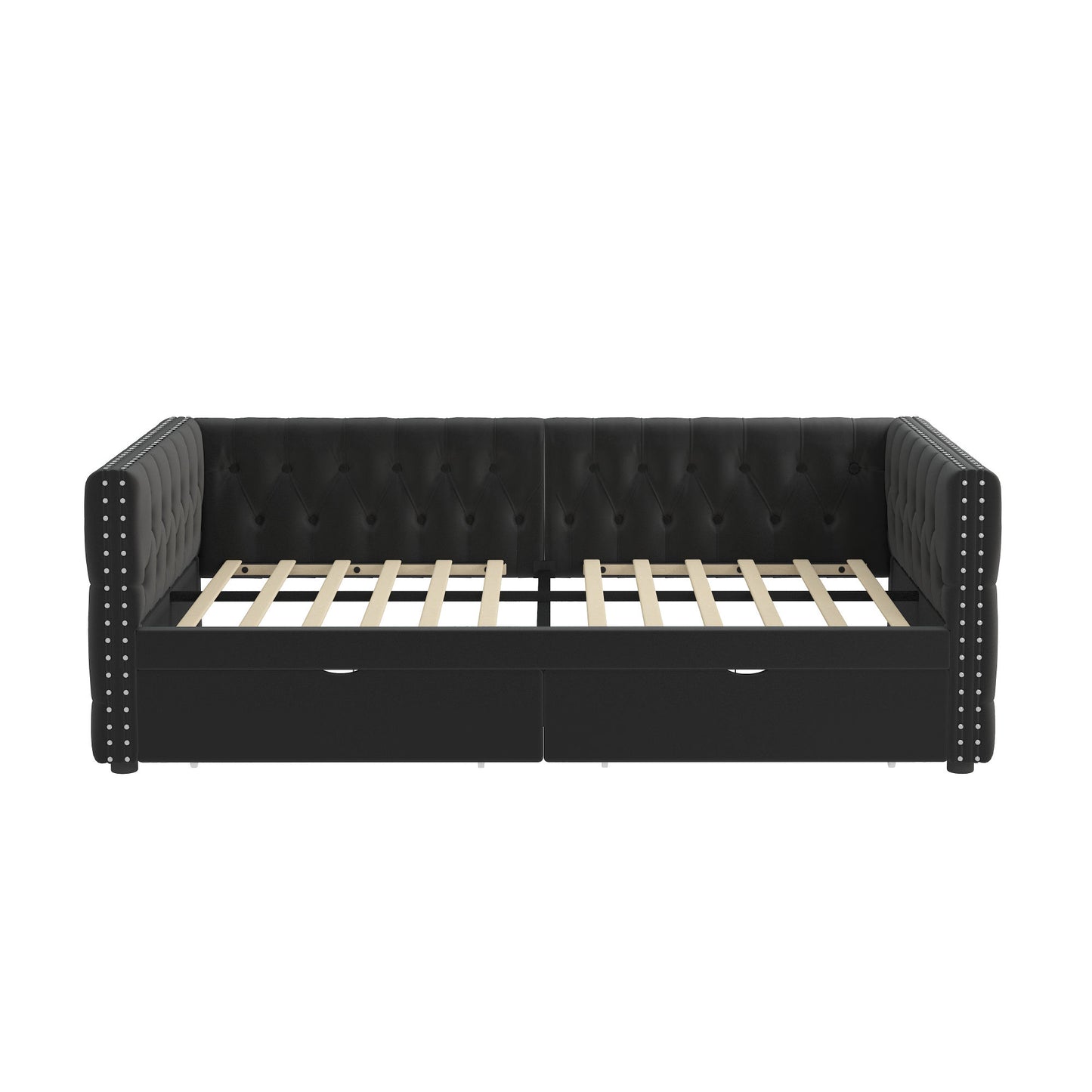 velvet upholstered tufted bed with drawers, black