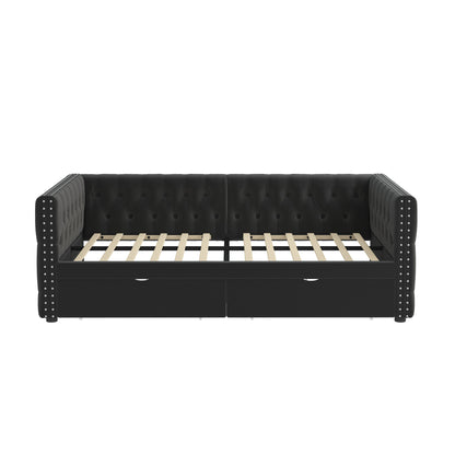 Velvet Upholstered Tufted Bed with Drawers, Black