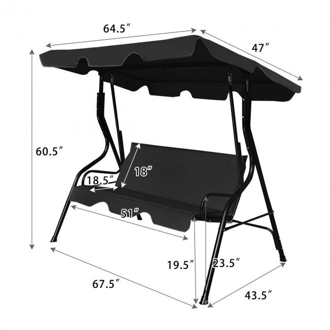 3 seat outdoor patio canopy swing with cushioned steel frame