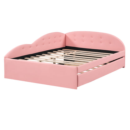 PU Upholstered Tufted Daybed with Trundle and Cloud Shaped Guardrail, Pink
