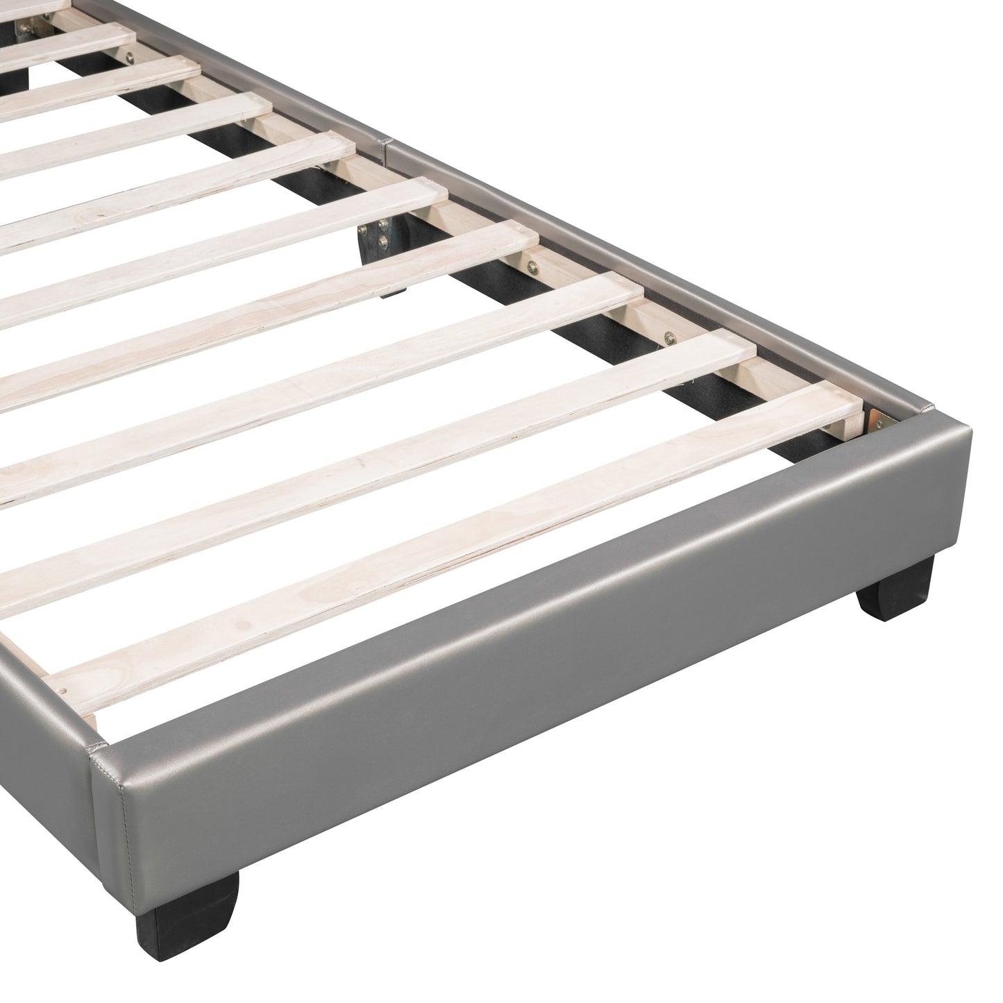 upholstered leather platform bed with rabbit ornament, gray