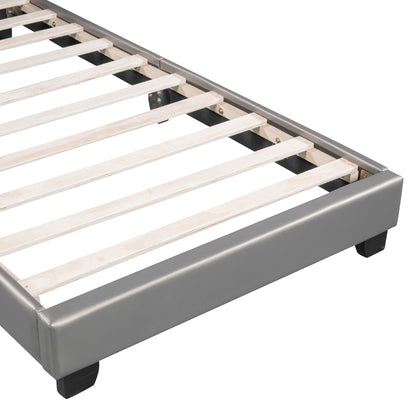 Upholstered Leather Platform Bed with Rabbit Ornament, Gray