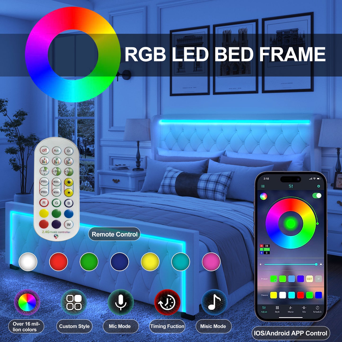 velvet upholstered bed with deep tufted buttons & adjustable colorful led light, black