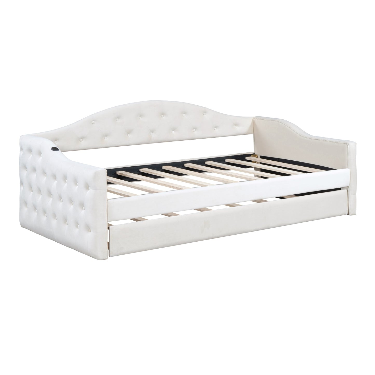 zara tufted upholstered bed with trundle, usb&type-c charging ports, beige