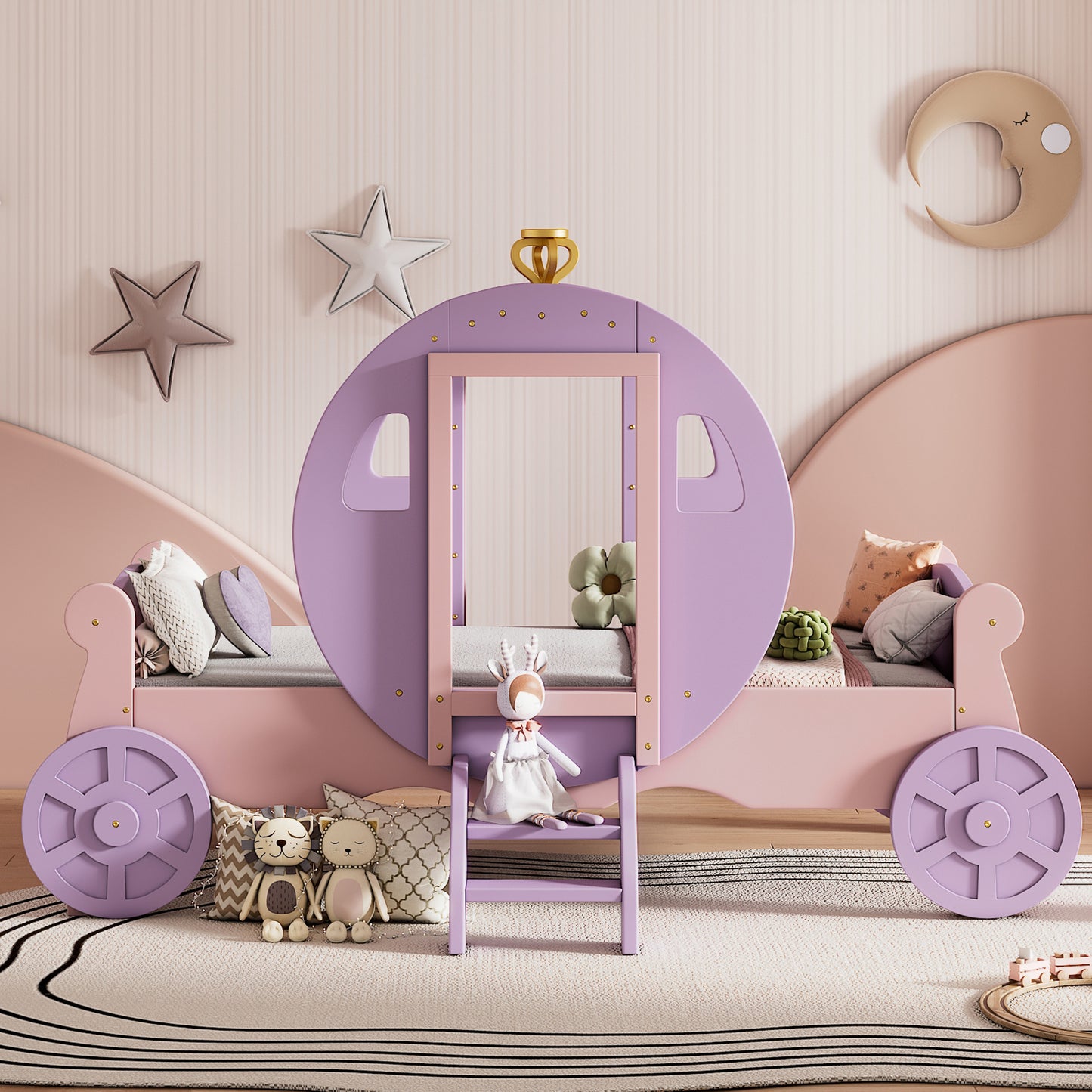 princess carriage bed with crown, purple+pink