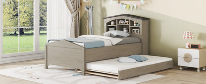House-shaped Bed with Storage Headboard and Trundle, Gray